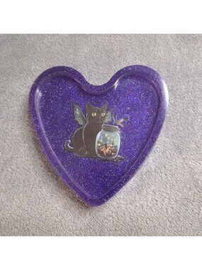 Handmade Heart-Shaped Purple Glitter Resin Trinket Dish Black Cat Firefly Jar